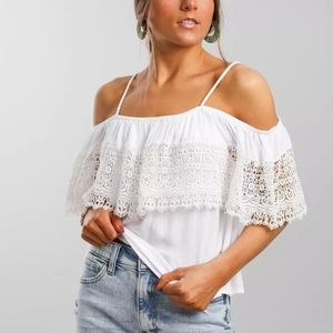 White Lace Crochet Overlay Cold Shoulder Top